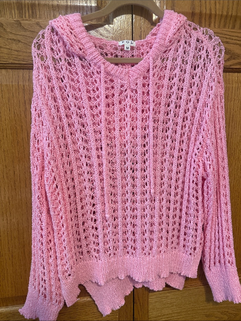 POL Pink Open-Weave V-Neck Hooded Sweater NEW